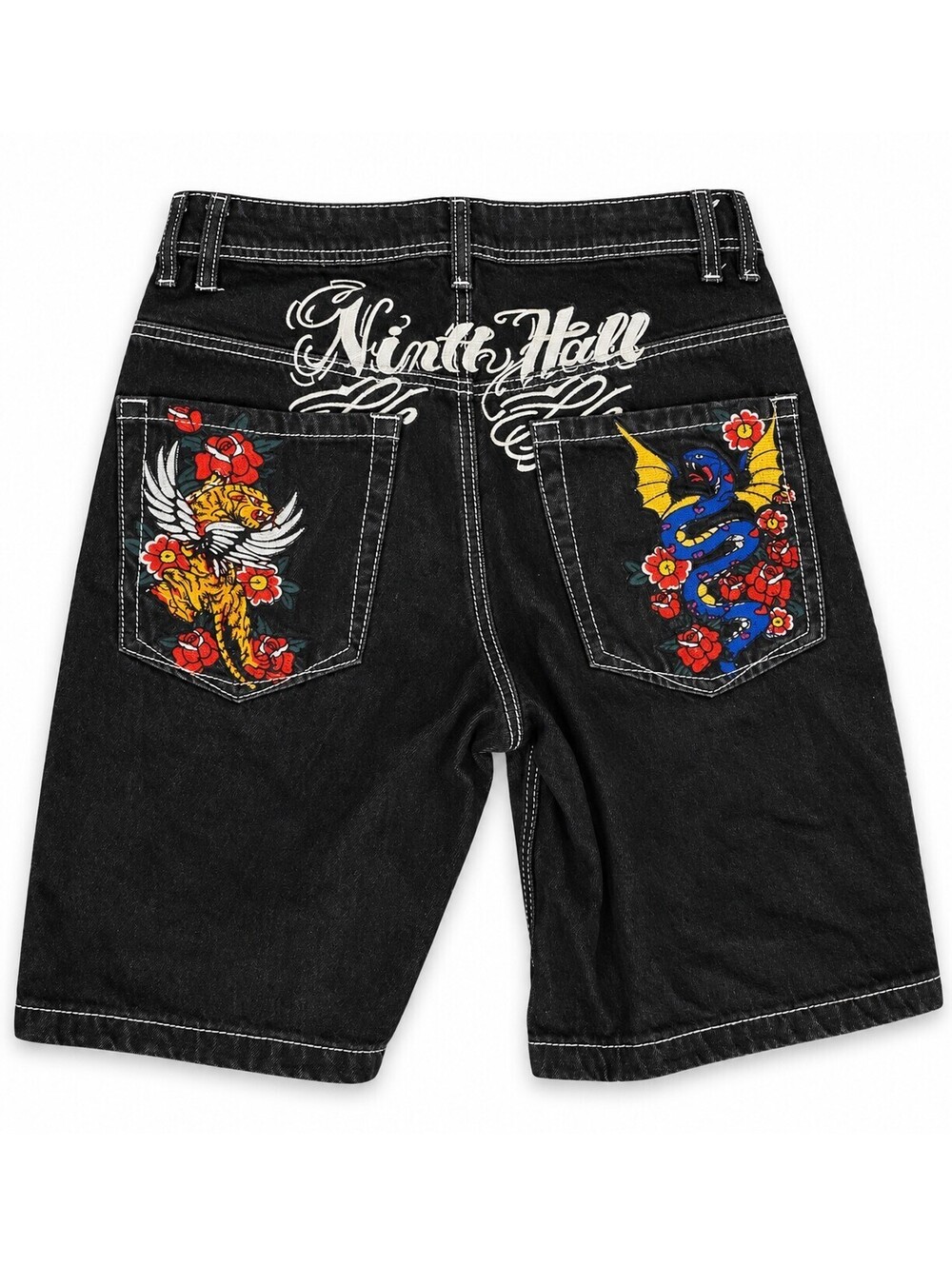 Ninth Hall Idle Black Jeans Shorts Woman's 4 Jorts Embroidered Y2K Skate Grunge